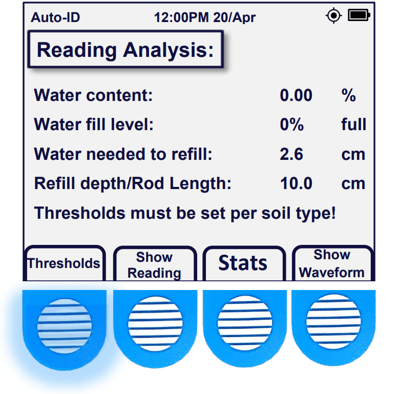 Acclima Sensor Reader Screen with Thresholds Button Pushed