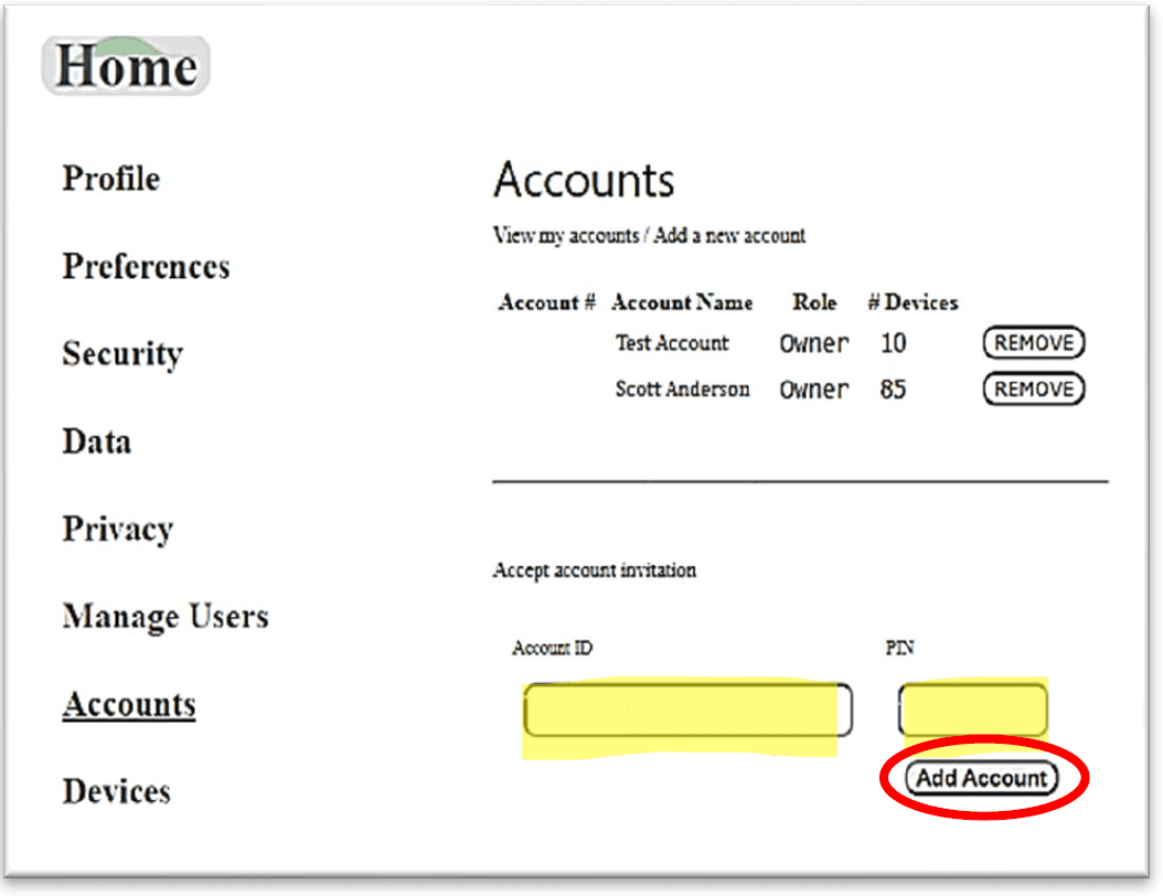 Screenshot Showing How to Add Account - Acclima