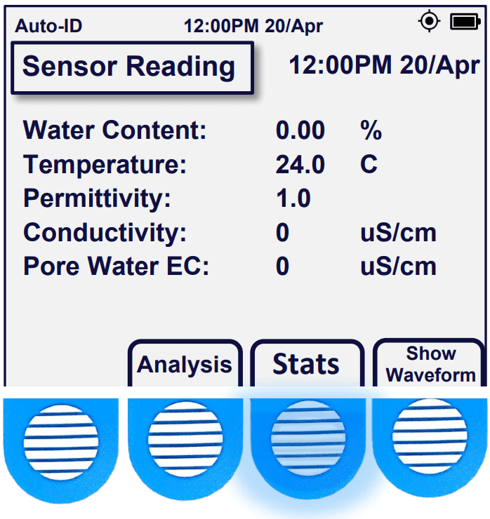 Acclima Sensor Reader Screen with Stats Button Pushed