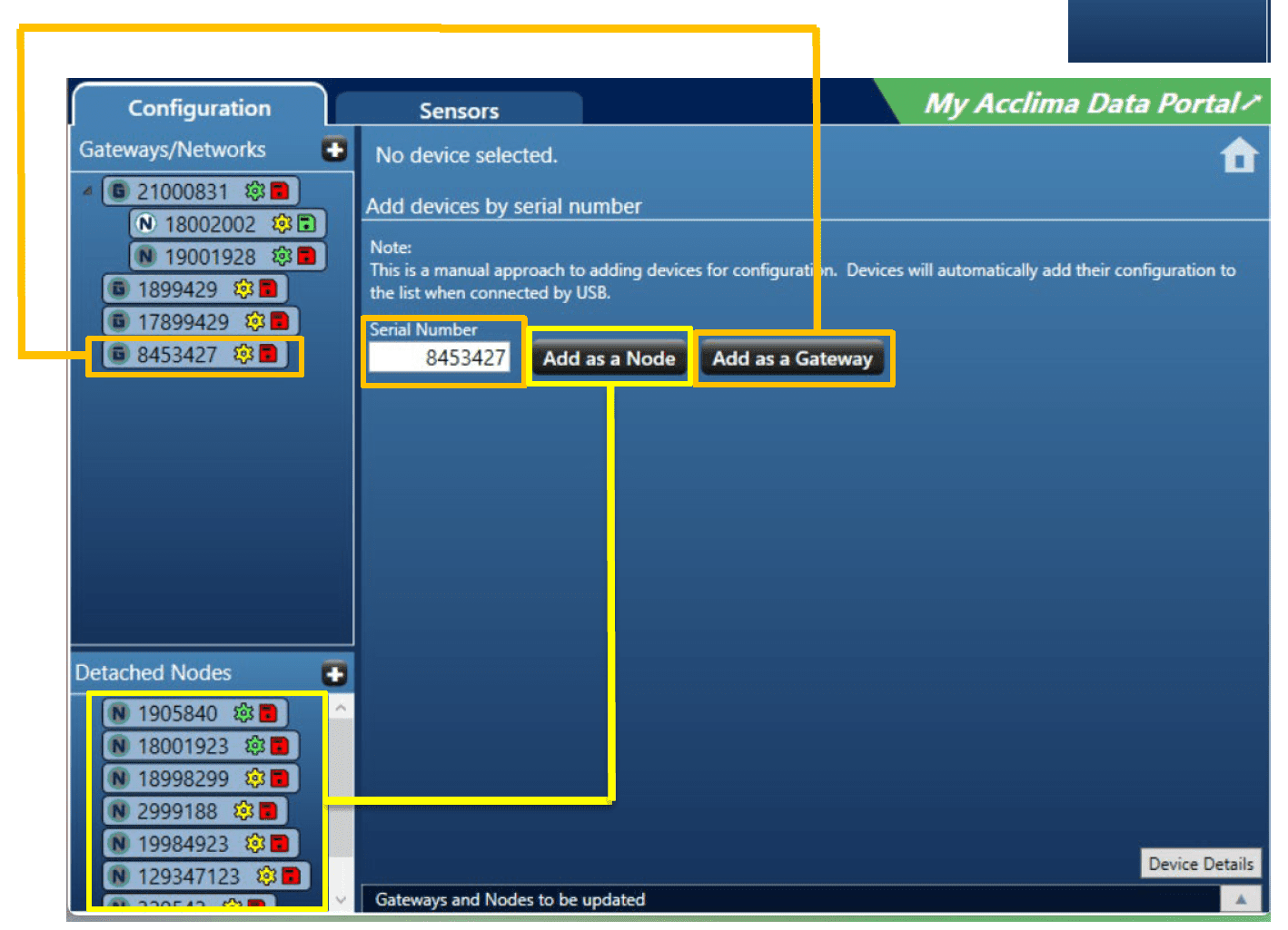 Configuration Attach Nodes or Gateways - Acclima