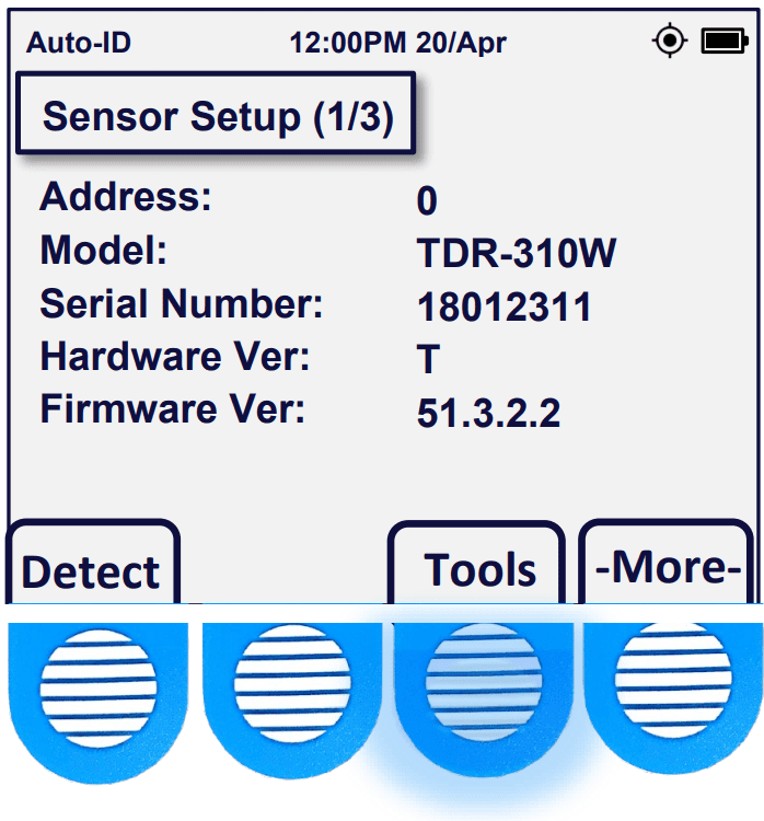 Acclima Soil Moisture Sensor Reader Screen with Tools Button Pushed 