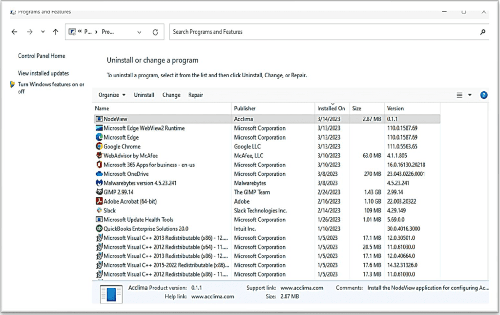 Uninstall with Control Panel - Acclima