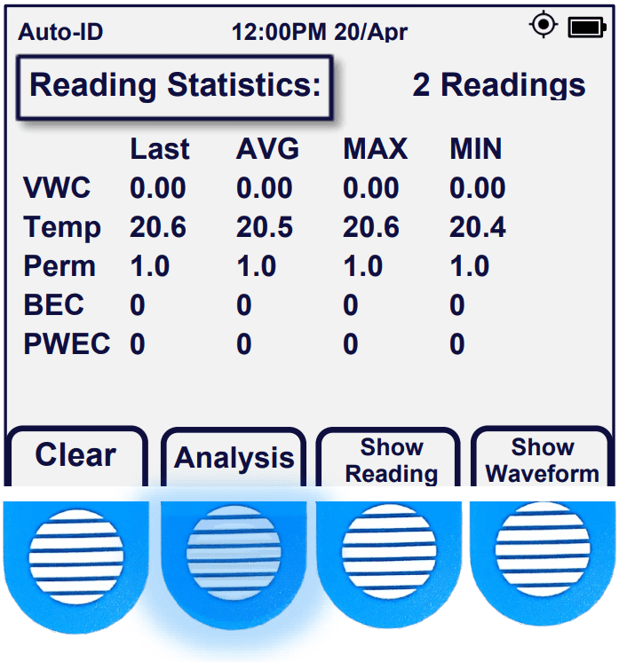 Acclima Sensor Reader Screen with Analysis Button Pushed